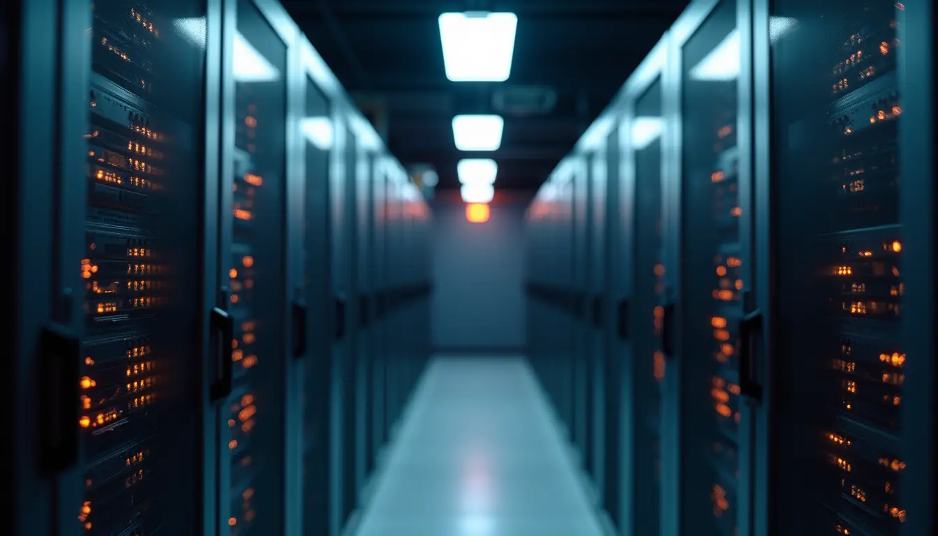 Eye-level view of a server room with blinking network equipment