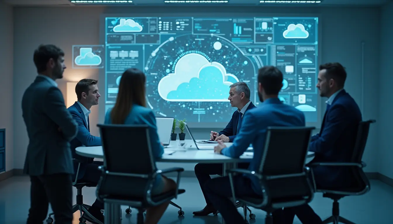 High angle view of a team discussing cloud security strategy