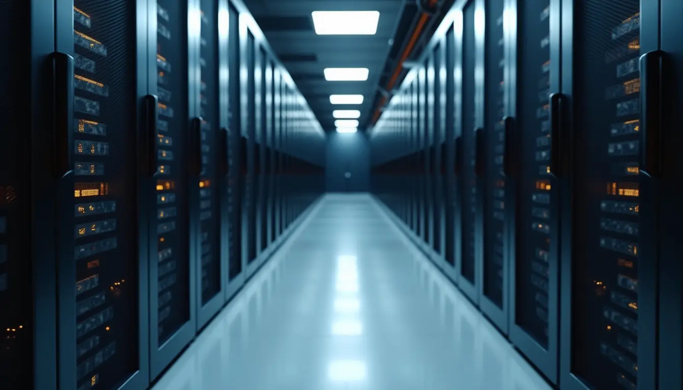 Eye-level view of a server room with racks of cloud infrastructure equipment