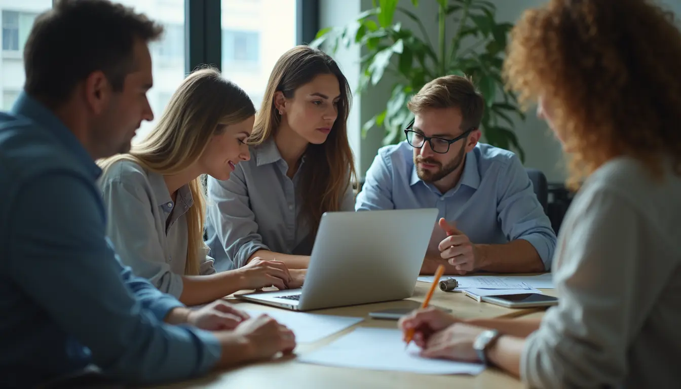 High angle view of a team collaborating around a laptop in an office