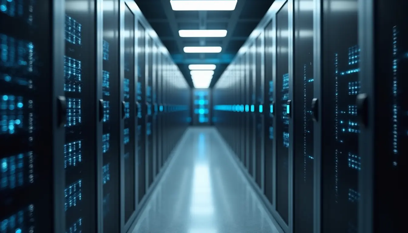 Eye-level view of a modern cloud data center with servers and blinking lights