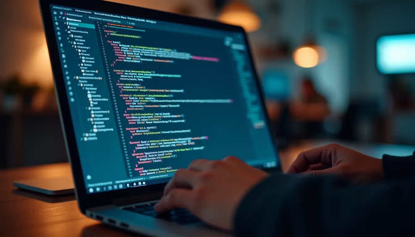 Eye-level view of a developer working on secure code on a laptop